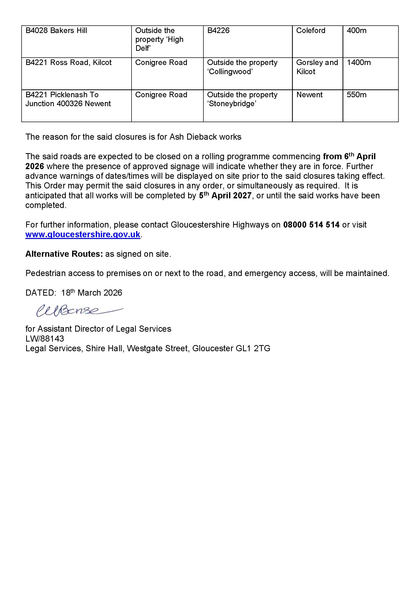 Temporary Closure of various Forest of Dean District. 6th April 26 - 5th April 27